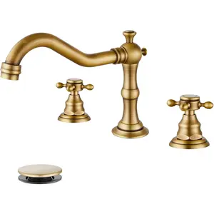 3 Hole Widespread Bathroom Sink Faucet Double Cross Handle Mixer Tap Faucet for Bathroom Sink Vanity Faucet Deck Mount Basin Hot Cold Water Matching Pop Up Drain Antique Brass