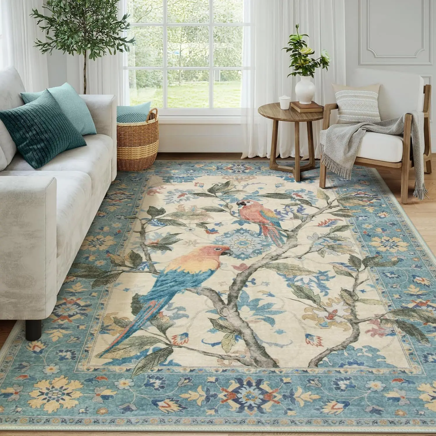 Large Full-Size Floral & Bird Pattern Carpet for Home, Full Coverage for Living Room & Bedroom, Anti-Slip, Stain Resistant & Easy to Clean Daily