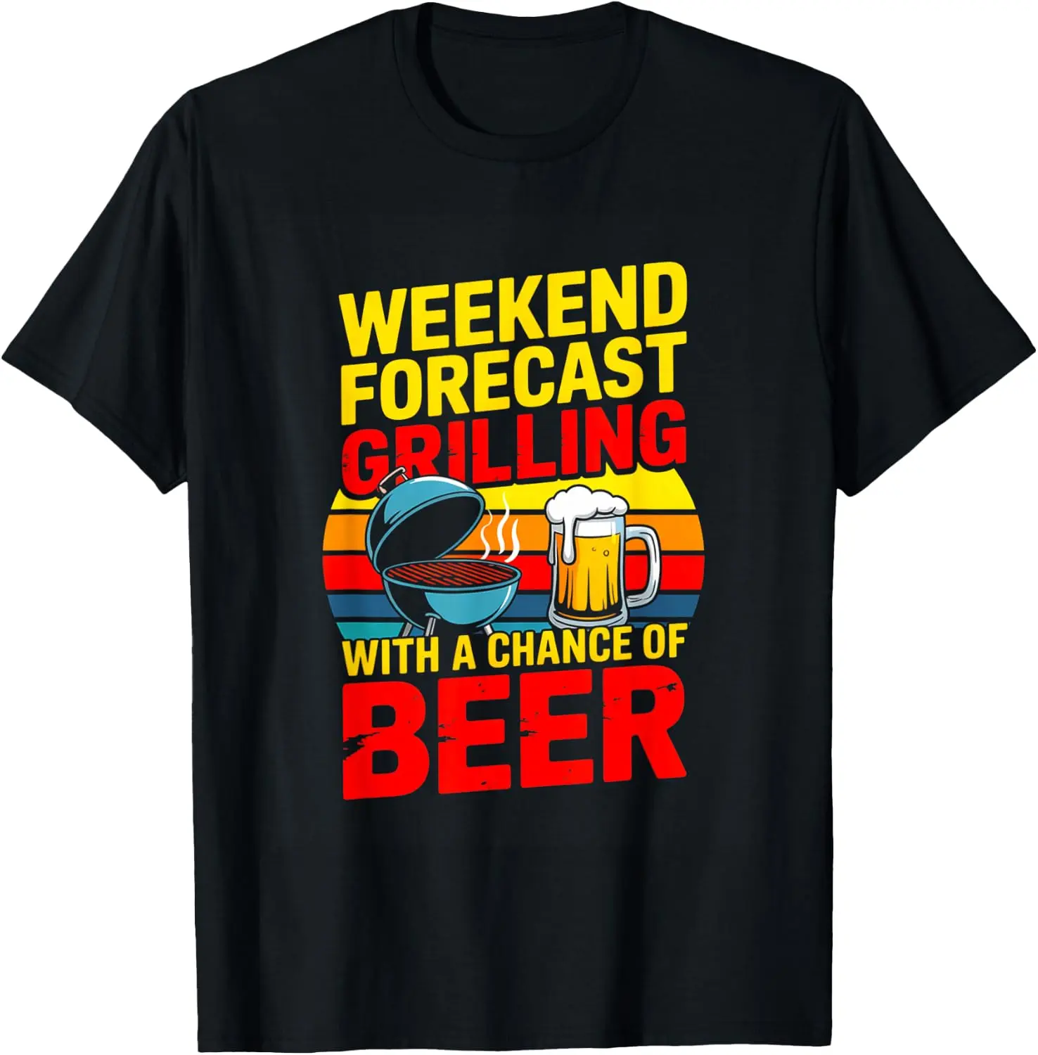 Men's Funny Grilling T-Shirt - Classic Retro Sunset BBQ Graphic, Novelty Soft Cotton Short Sleeve Crewneck for Dads & Cookouts, Denim, Tops, Father’s Day, All Seasons, Beer-Drinking Outdoor Enthusiasts, Cartoon Open Kettle Grill, Tee, Round Neck, Print, G