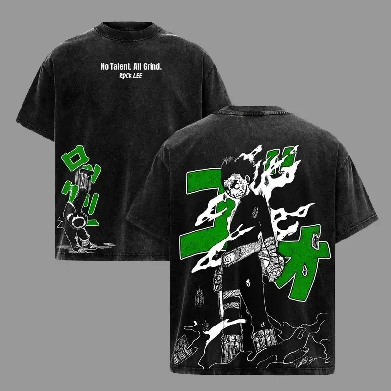 Menswear Oversized Rock Lee Vintage Washed Heavy Cotton Tshirt - Naruto Anime Manga Double Printed Retro Unisex Streetwear Graphic Top, Taijutsu Fighter Edition, Loose Fit Multi-Color Anime Merch Crewneck Tshirt