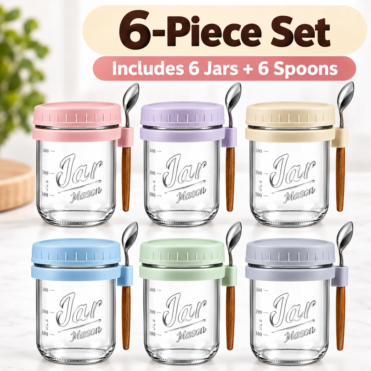 6-Pack 350 mL Overnight Oats Containers with Lids and Spoons, Glass Meal Prep Jars with Sealing Lids and Spoon Holders, Reusable Food Storage Containers for Yogurt, Cereal, Fruit, Breakfast, Kitchen Essentials