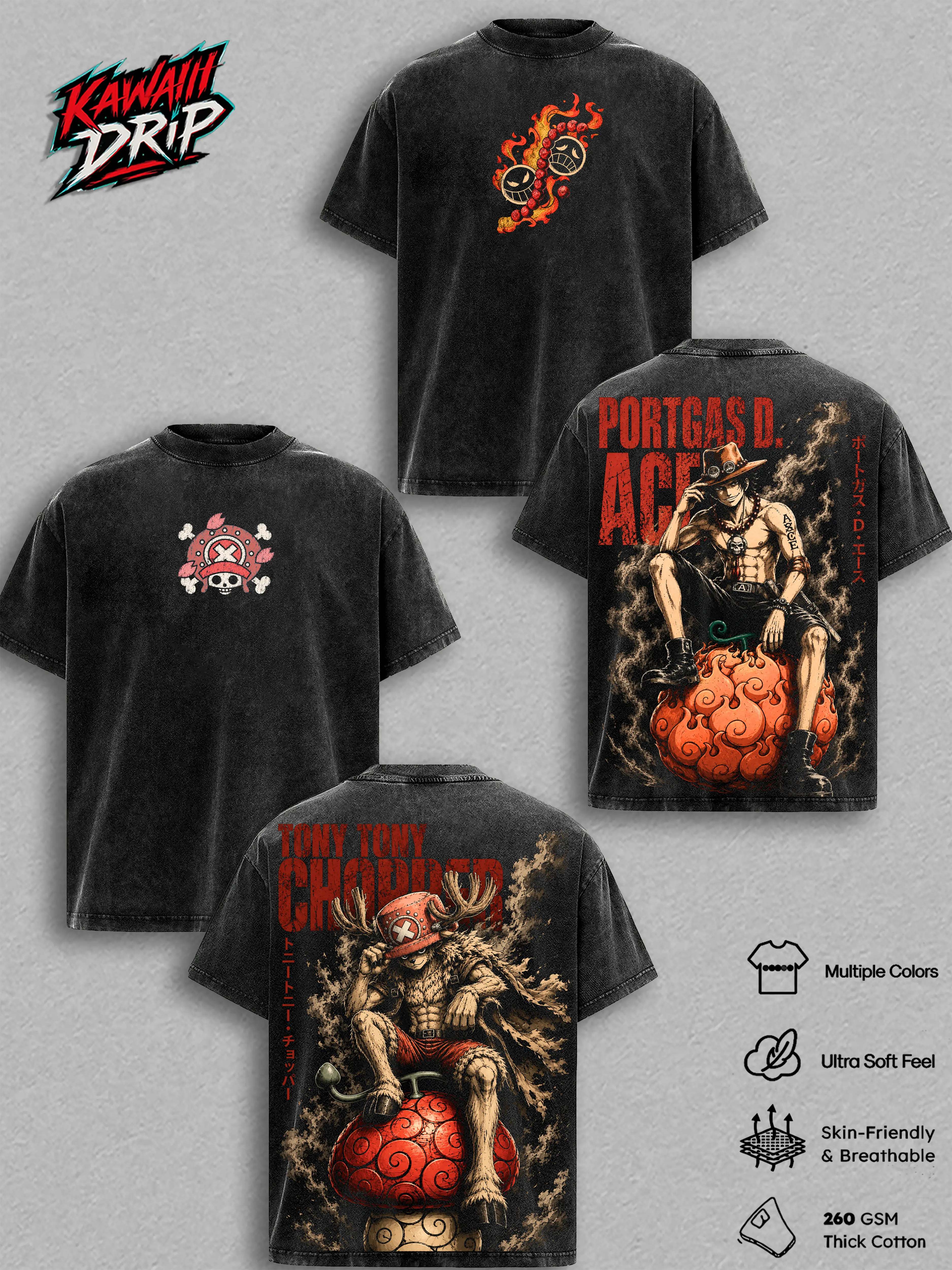 One Pieceee Vintage Washed Anime T-Shirt Collection – Portgas D. Ace, Tony Chopper Graphic Tee, Devil Fruit Pirate Streetwear Heavy Cotton Unisex Manga Shirt, Anime Gift for Men & Women