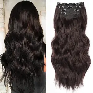 Hair Extensions Long Wavy 4PCS Thick clip in hair extensions Hairpieces Chocolate Brown Fiber Double Weft Natural Synthetic Hair Extensions 24 Inch for Women