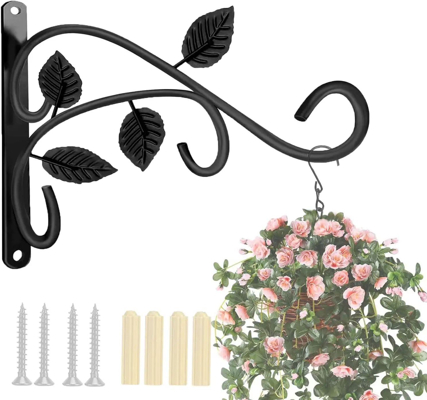 Black Vinyl Coated Iron Wall Mount Hanging Bracket Set Kit for Indoor Pet Bird Feeders, High Tensile Strength, Rust-Resistant, Weatherproof, All Seasons, 60 lbs Load Bearing, 12"h x 8.5"w x 0.7"d, Easy Install, Mid-Century Artsy Leaf Shape