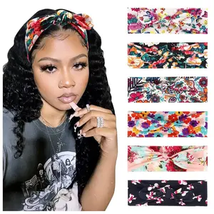 6 Pack Knotted Headbands for Women, Stretchy Non-Slip Cotton Blend Turban Head Wraps with Rabbit Ear Bows, Boho Floral Patterned for Prom