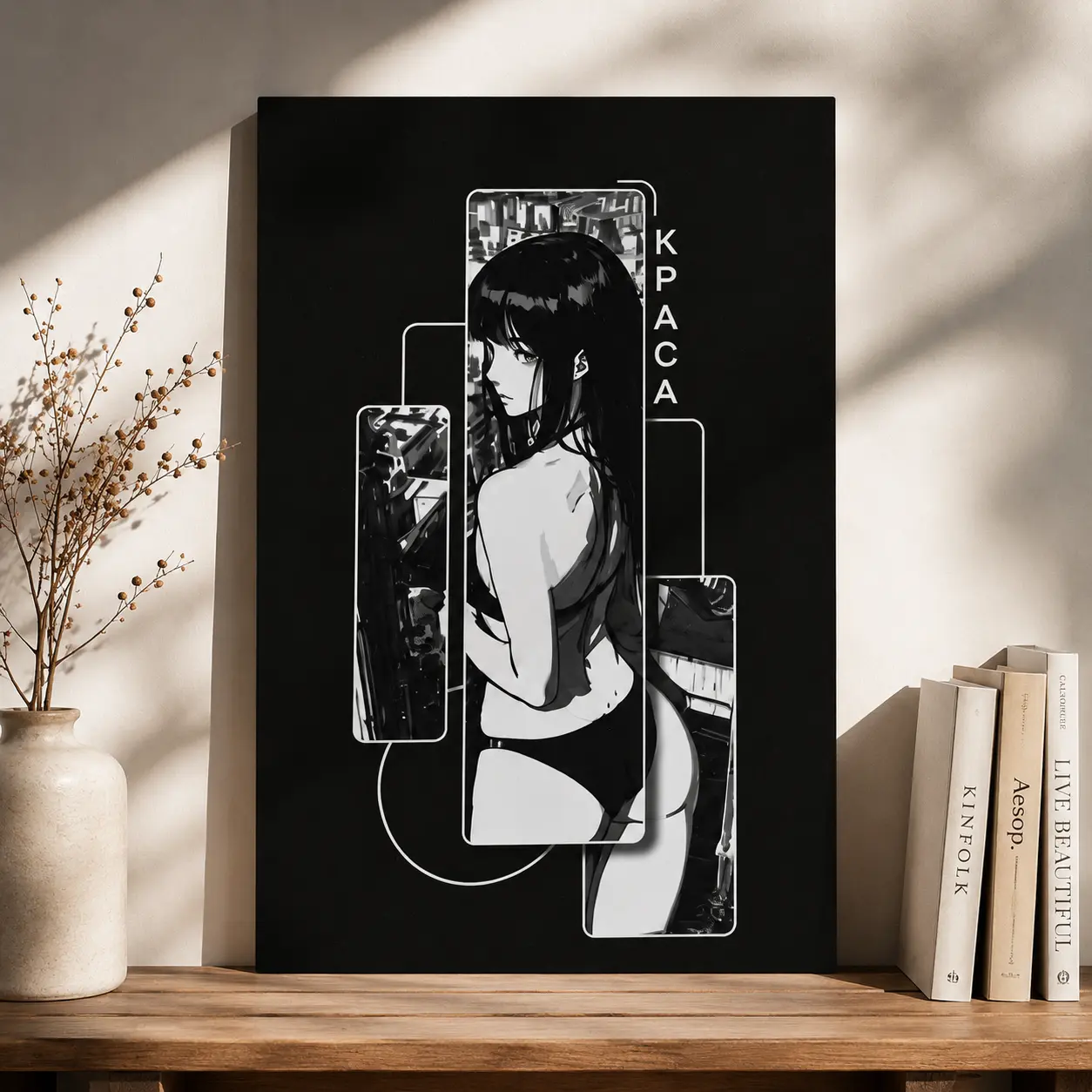 Mikasa Ackerman Black and White Anime Poster, Minimalist Manga Girl Wall Art