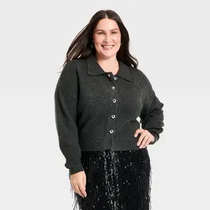 Women's Long Sleeve Heart Button Cardigan Sweater - A New Day Charcoal Gray 1X