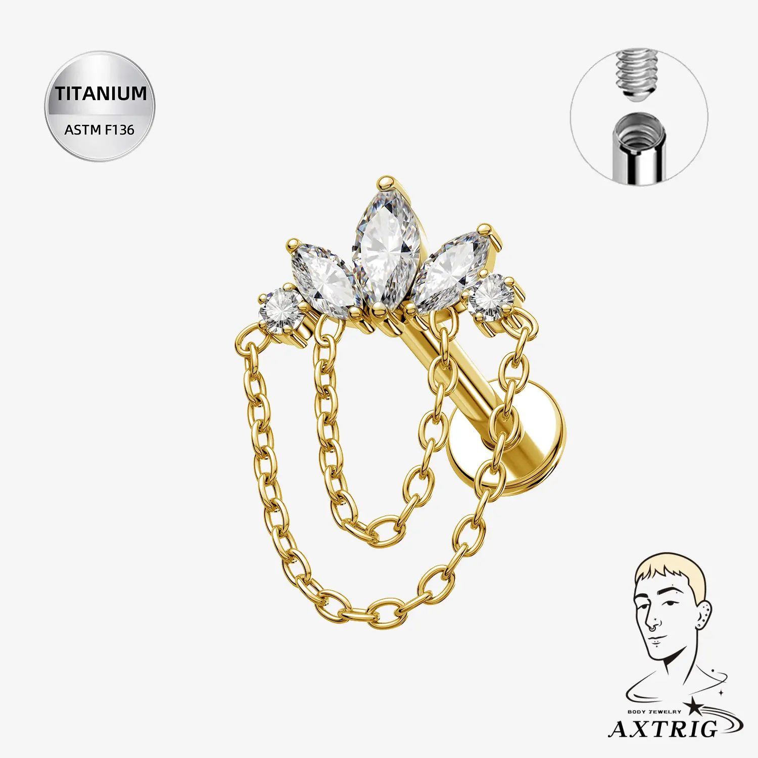16G Titanium Alloy Internally Threaded CZ Crown Chain Labret Stud - ASTM F136 Flat Back, 8mm Earrings, Flower Motif Body Jewelry for Ear Piercing