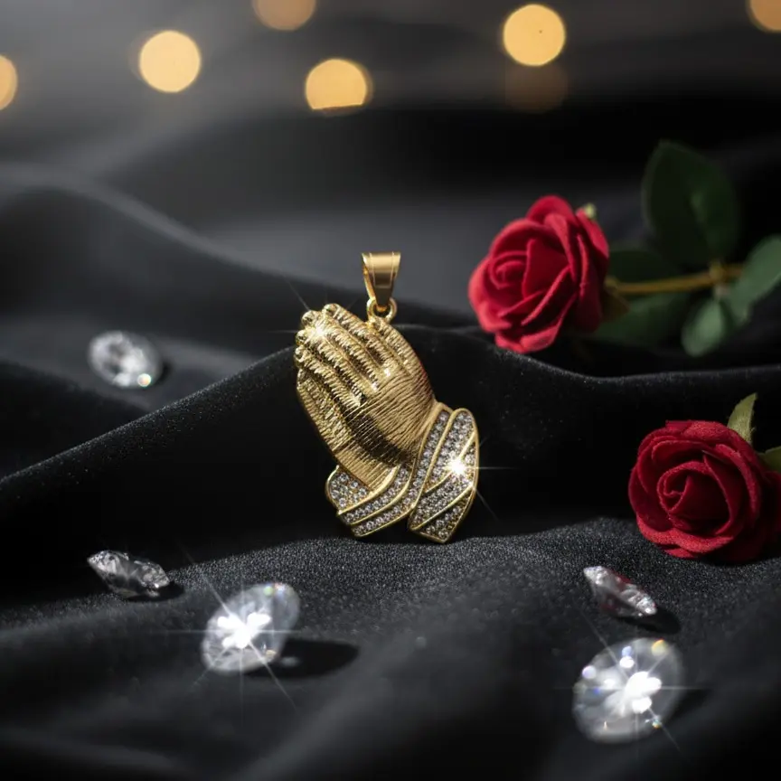 The Blessed Hands Pendant Gold-Tone Stainless Steel Iced Prayer Symbolizing Faith and Strength Unisex Accessory for Daily Wear or Gift
