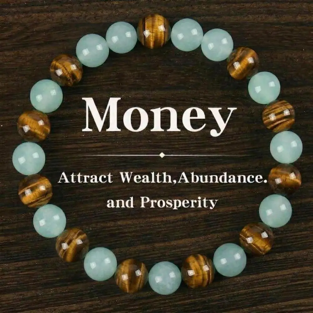 Money Bracelet - Green Aventurine & Tiger Eye Natural Crystal Prosperity Amulet, Wealth & Abundance Charm, Stackable Fashion Accessory for Birthday, Anniversary Gifts