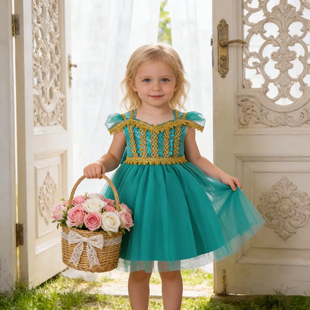 Girls' Princess Jasmine Magic Lamp Sleeveless Sequined Mesh Dress Set, 043 Themed Kids' Costume Dress, Sleeveless Dress