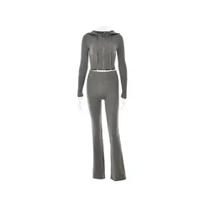 2023 New European and American Cross-Border Knitted Hooded Set Women's Fashion Sexy High-Waisted Long Sleeve Long Pants Two-Piece Set Clothes Suits Womenswear Trouser Gamis Basic Casual Fitted Gray In Stock Minimalist