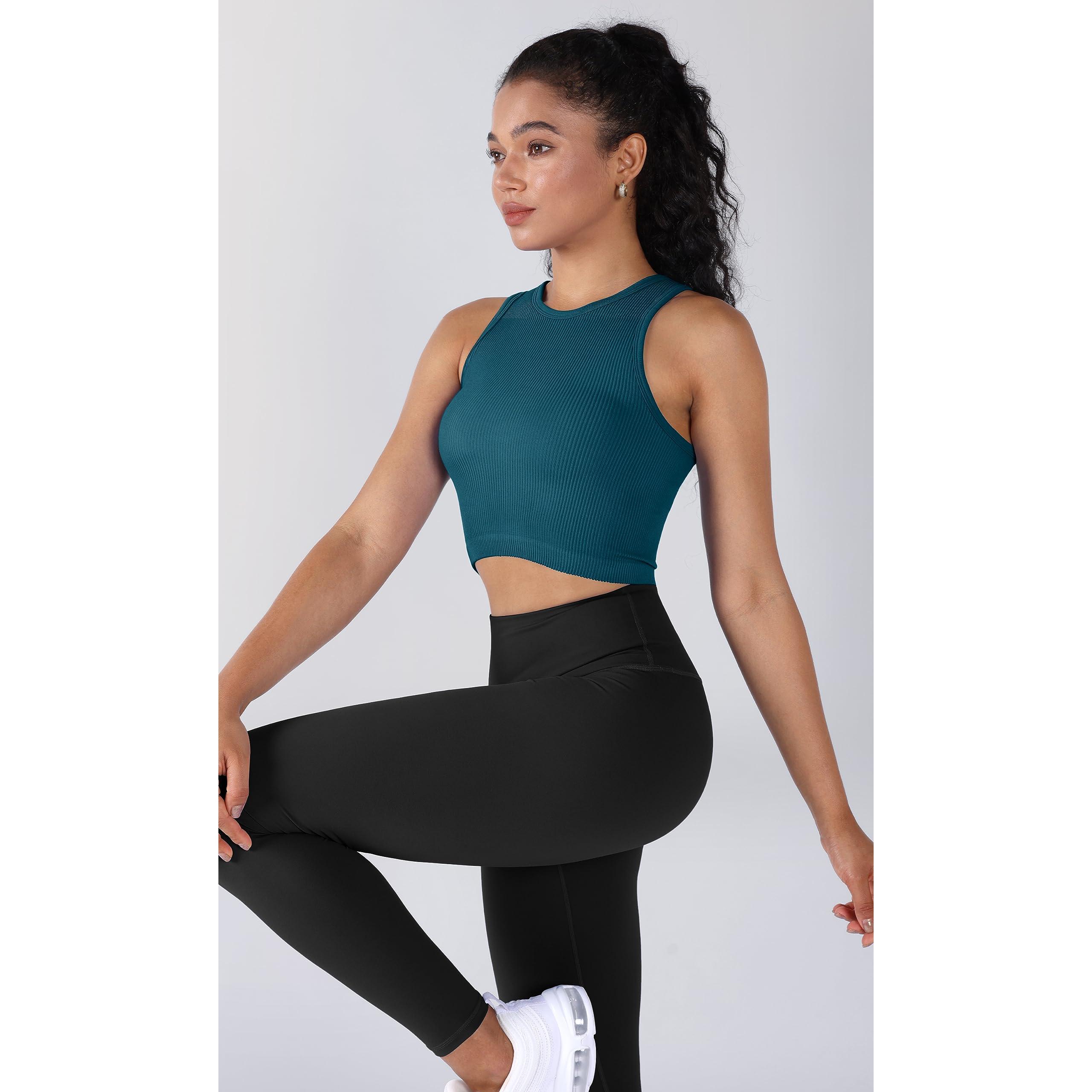 ODODOS 3-Pack Seamless Crop Tank for Women Ribbed Soft High Neck Cropped Tops