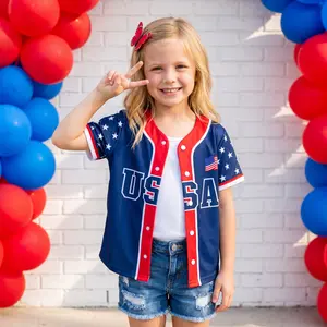 Kids 4th of July Jerseys Toddler Girls USA 250th Anniversary Button Down American Flag and Star Patriotic Baseball Shirt