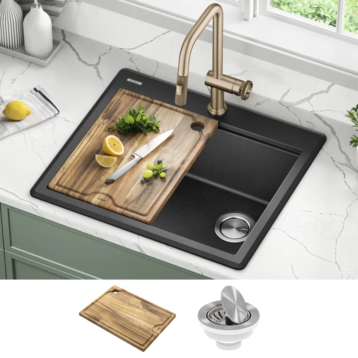 Kraus KGTW12-25MBL 25 in. Bellucci Granite Composite Workstation Drop-In Top Mount Single Bowl Kitchen Sink with Accessories, Metallic Black