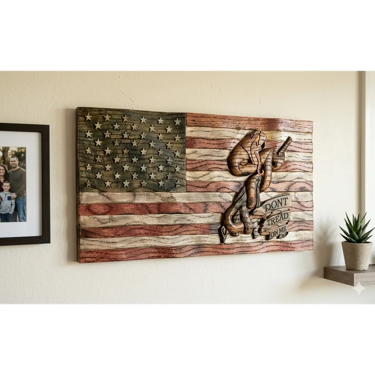 Handcrafted Oak Gadsden Flag Wood Wall Art - Artistic Home Decor, Ideal Gift for Patriotic Home Supplies Enthusiasts