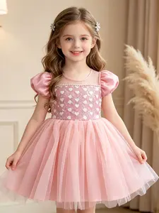 Girls' Polyester Crew Neck Puff Short-Sleeve Princess Tutu Dress - Heart Sequins Bodice, Multi-Layer Tulle Skirt, Mini Length for Birthday Party & Flower Girl Events