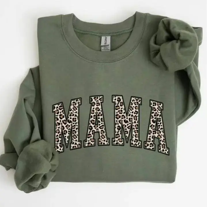 Women's Mama Leopard Printed Cotton Casual Round Neck Tops - Crewneck Sweatshirt & Tshirt, Cozy Stylish Wear, Mother's Day Gift, Sweatshirts For Women, Us Cotton Protocol