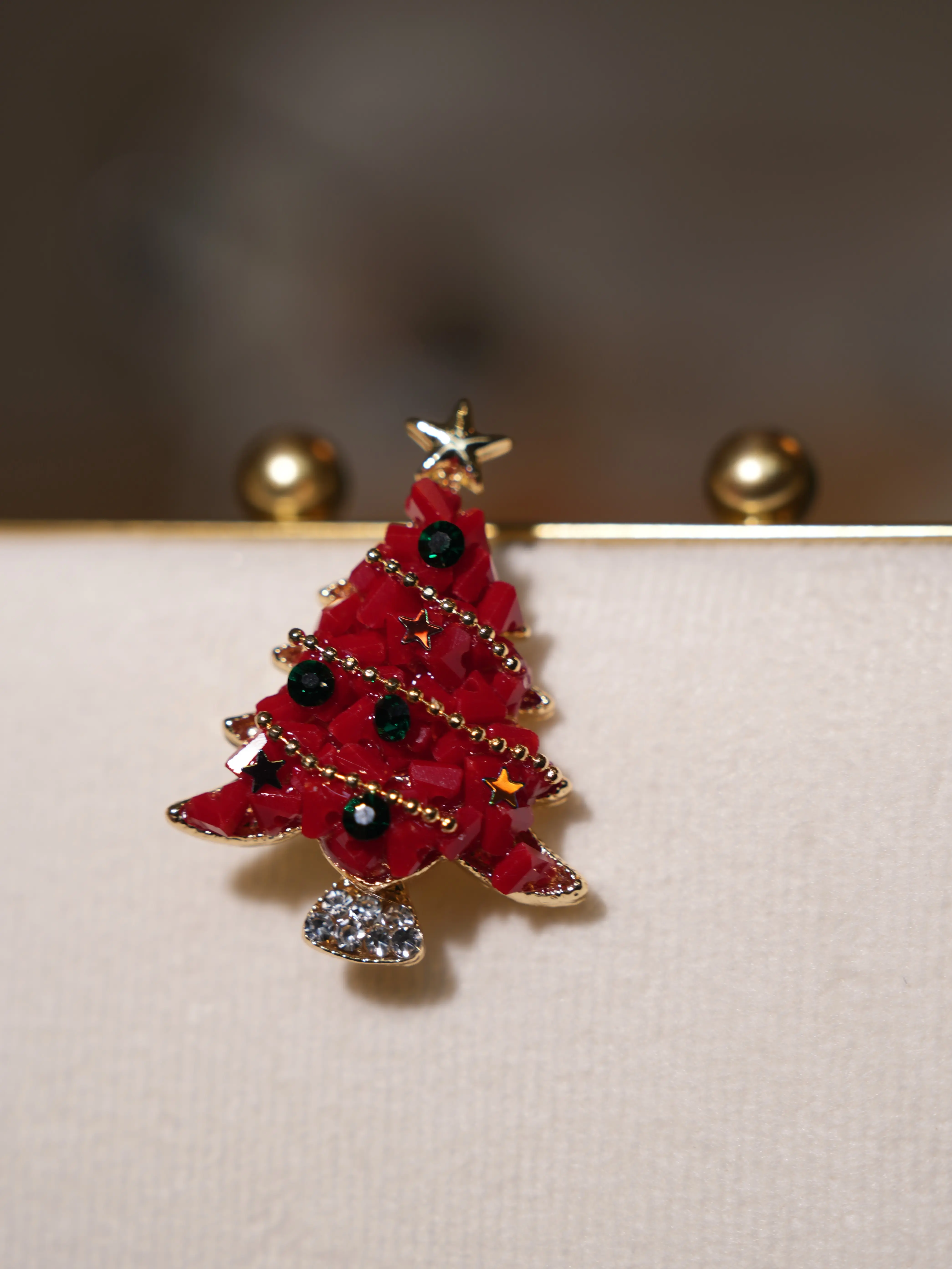 Christmas Tree Brooch Red with Black Ornaments and Gold Star Top for Festive Outfits