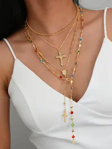 4-Piece Women's Necklace Set, Hip-Hop Retro Boho Style, Y-Shape Long Chain, Sparkling Crystal Cross Pendant, Perfect for Dates