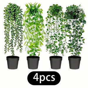 4pcs Artificial Hanging Plants, Mini No-Maintenance Home Decor, Eucalyptus, Pea Leaf, Lover Tears, Walnut Leaf, Office Desk Decoration, Artificial Plant Set