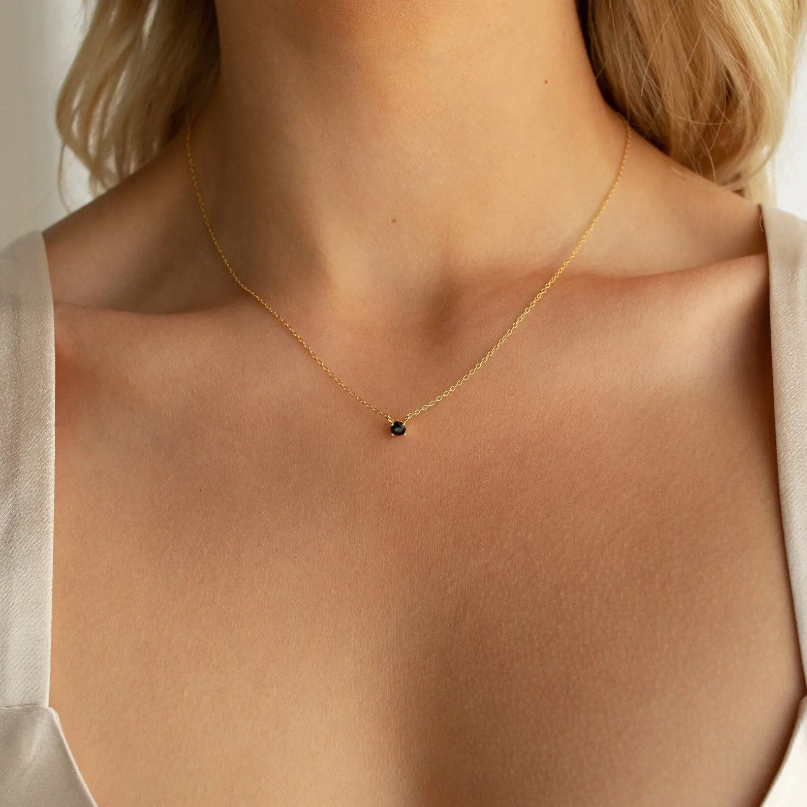 Onyx Dainty Diamond Necklace by Caitlyn Minimalist - Delicate Black Crystal Charm Necklace - Minimalist Layering Necklace - Best Friend Gift