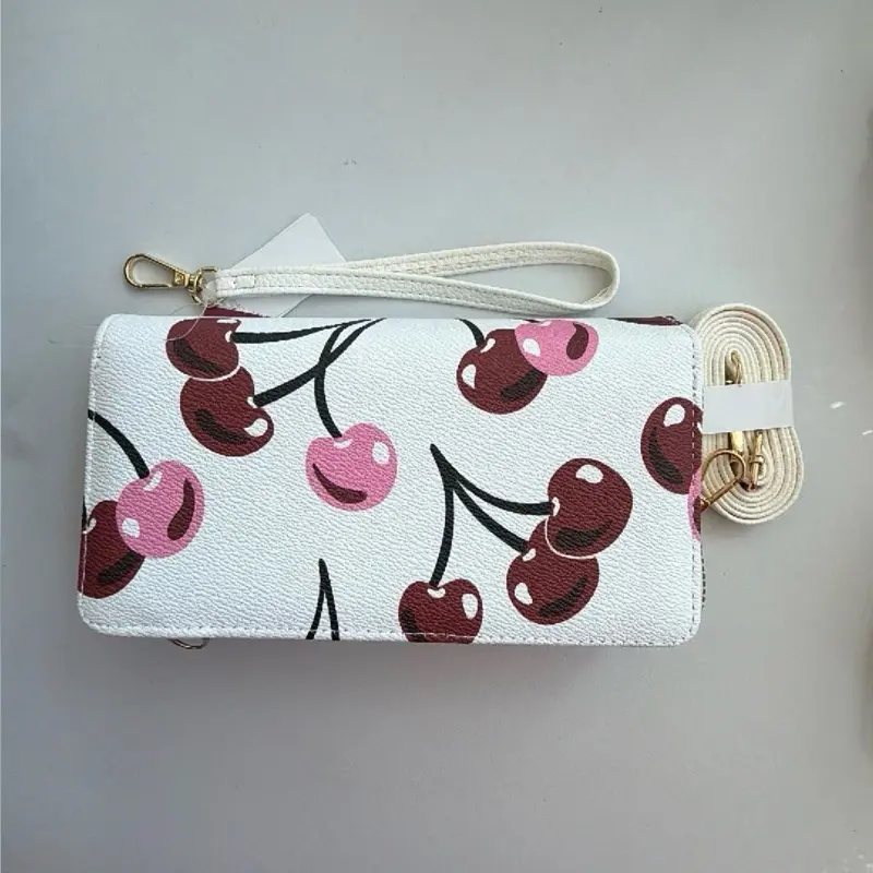 Cherry Pattern Wallet with Wrist Strap and Shoulder Strap Gold Tone Hardware for Everyday Use