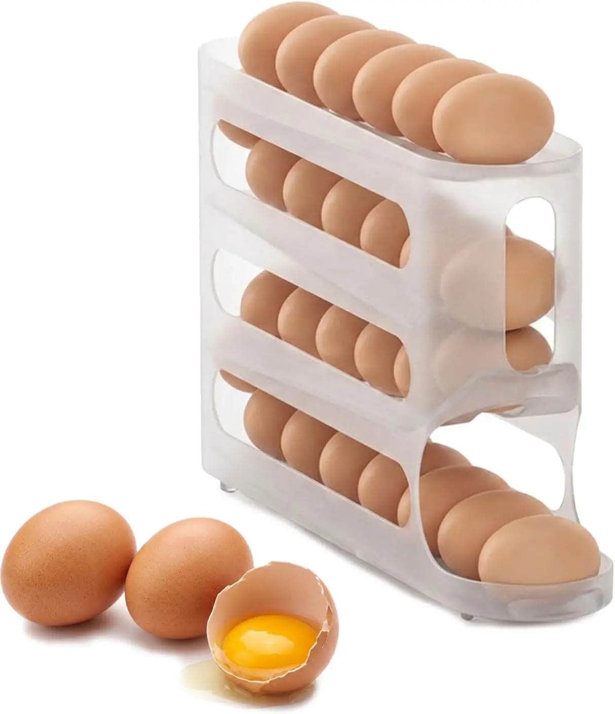 Automatic Rolling Egg Dispenser Organizer - 4-Tier Durable Plastic Holder Tray (Holds 28 Eggs), Space-Saving Storage Rack for Refrigerator, Counter