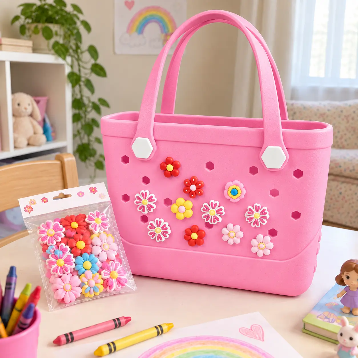 EVA Waterproof Durable High-Capacity Lightweight Tote Bag - Sand-Proof Leisure Bag with Drain Holes, Flower Charm for Outdoor Outing, Beach Trips