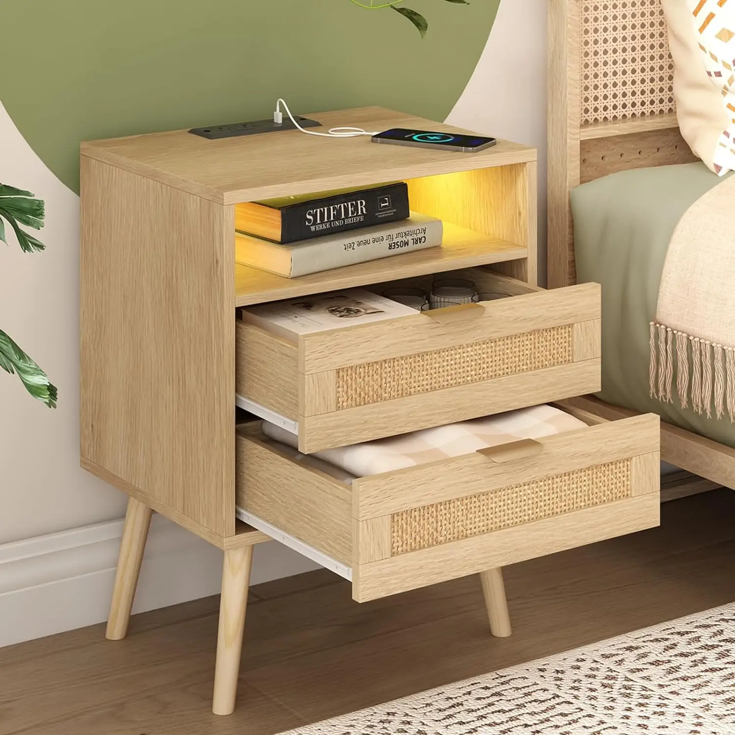 Vabches Rattan Nightstand With Charging Station USB Port Led Lights And 2 Storage Drawers