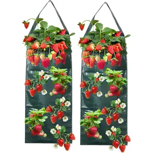 2-Pack Hanging Strawberry Grow Bags, 6-Hole Plant Pouches with Handles, Outdoor Hanging Planters for Strawberries, Herbs, Vegetables