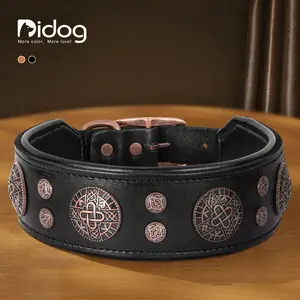 Didog Genuine Leather Dog Collar, 2" Wide Soft Padded Rivet Studded Durable Collar, Adjustable Black Leather Collar for Medium Dogs, Fits Neck 16-22 in