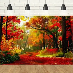 1pc 2D Autumn Maple Forest Banner, HD Red Fall Foliage Scene, Warm Orange-Red Harvest Vibe, Perfect for Thanksgiving Party / Fall Festival / Camping & Airbnb Decor Backdrop