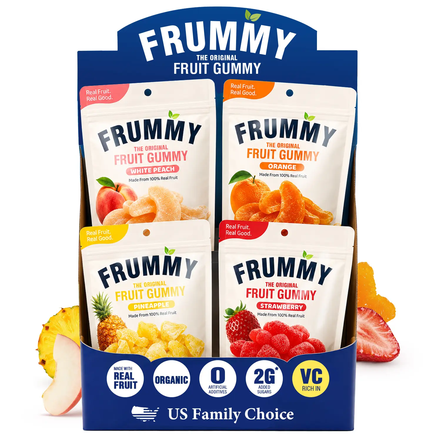LIVEEN FRUMMY Fruit Gummy, 3.2oz Pack with 4 Flavors (White Peach, Strawberry, Pineapple, Orange), Real-Fruit Gummy Candy Snack, Non-GMO, Gluten-Free, VC-Fortified, Low-Calorie, Vegan, No Synthetic Additives or Artificial Colors