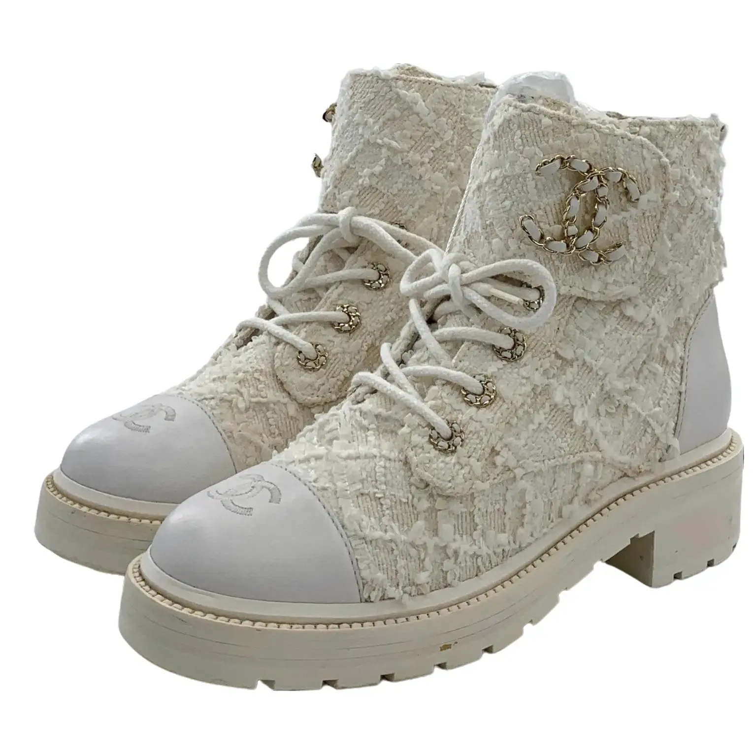 RDLT-Chanel Size 39 White Interlocking CC Chain‑Detail Tweed Lace‑up Casual Ankle Boots-H38151