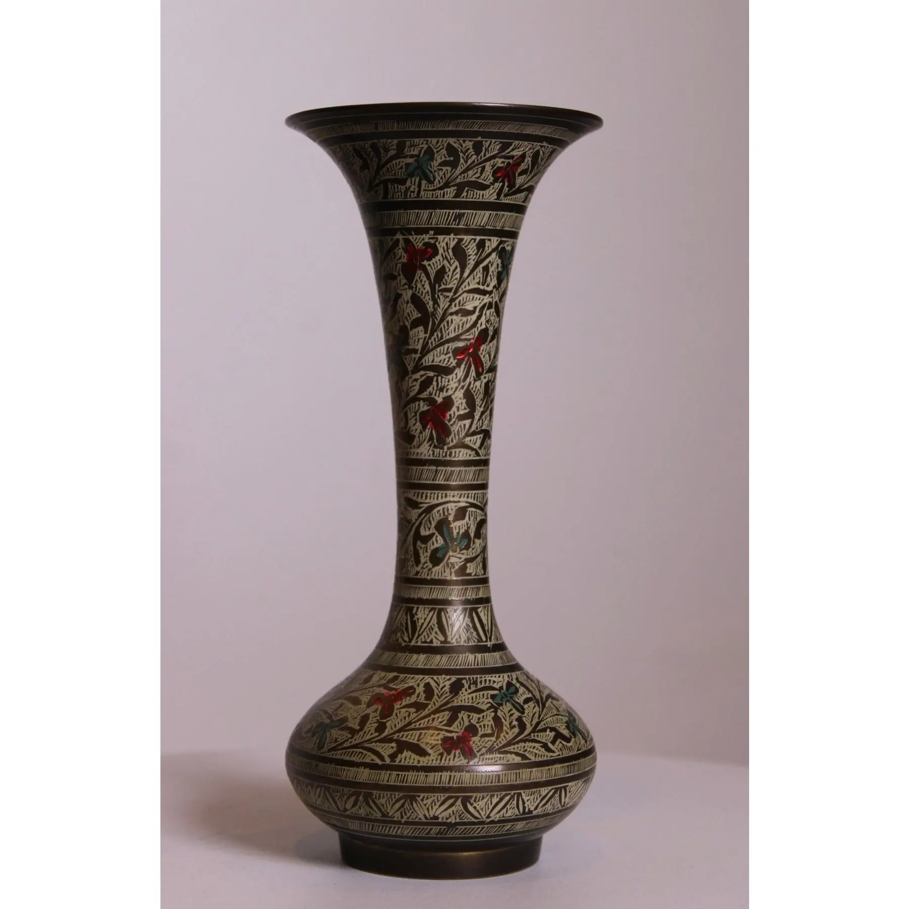 Floral Etched Brass Trumpet Vase