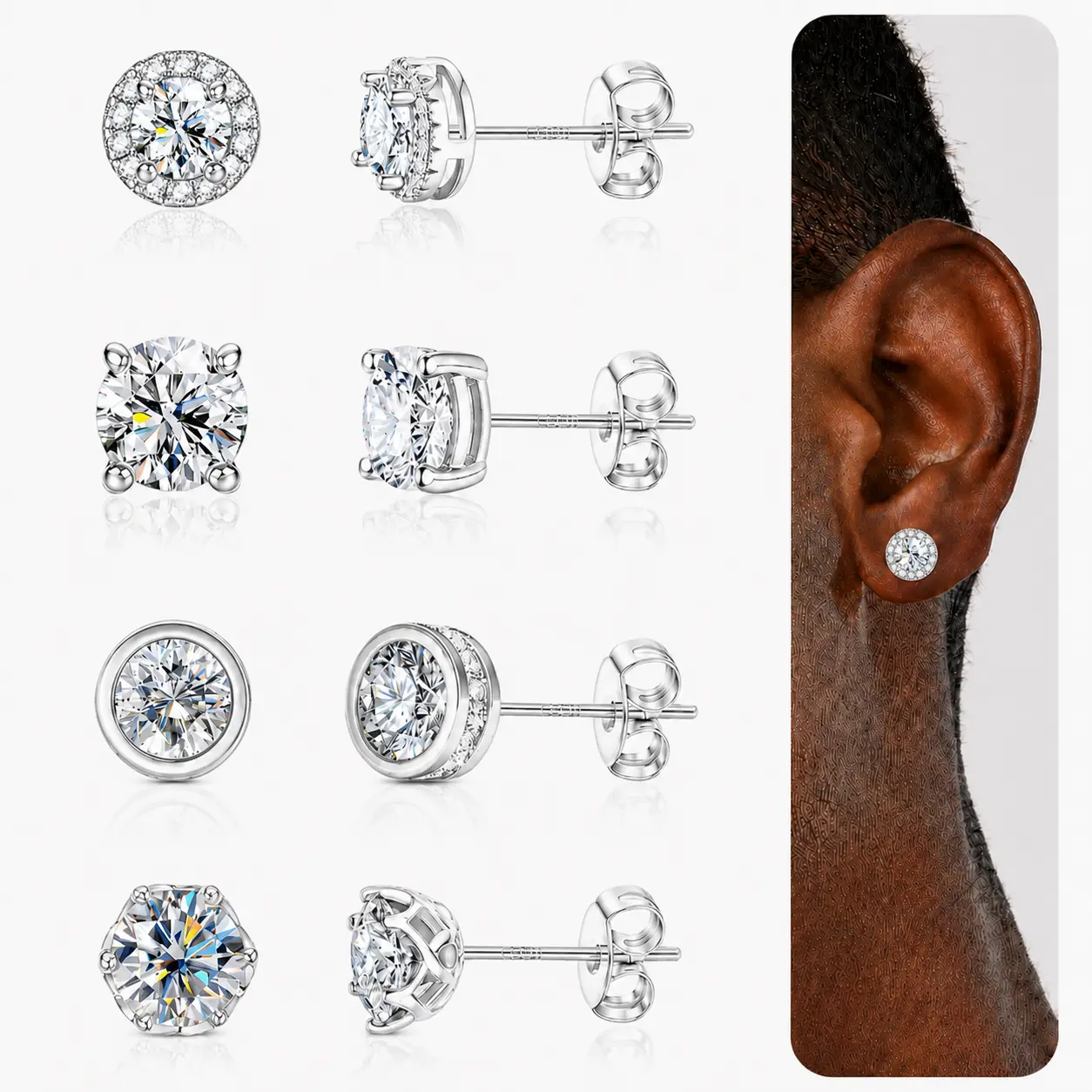 Hypoallergenic Stud Earrings for Women Men Silver Earrings for Sensitive Ears-2/4 Pairs Cubic Zirconia Post Earrings Big Brilliant Stud Earrings for Women Men, Men's Accessories, Gifts For Boyfriend summerwins