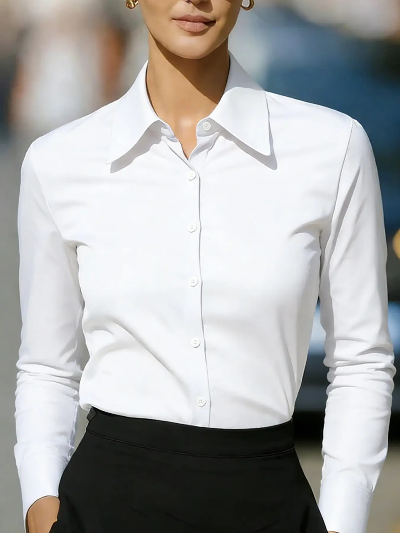 Women's Classic Essential Basic Formal Elegance Button-Down Shirt, Tailored Long Sleeve Collared Blouse, Top, Wrinkle-Resistant Stretch Fabric, Slim Fit, Spring & Fall