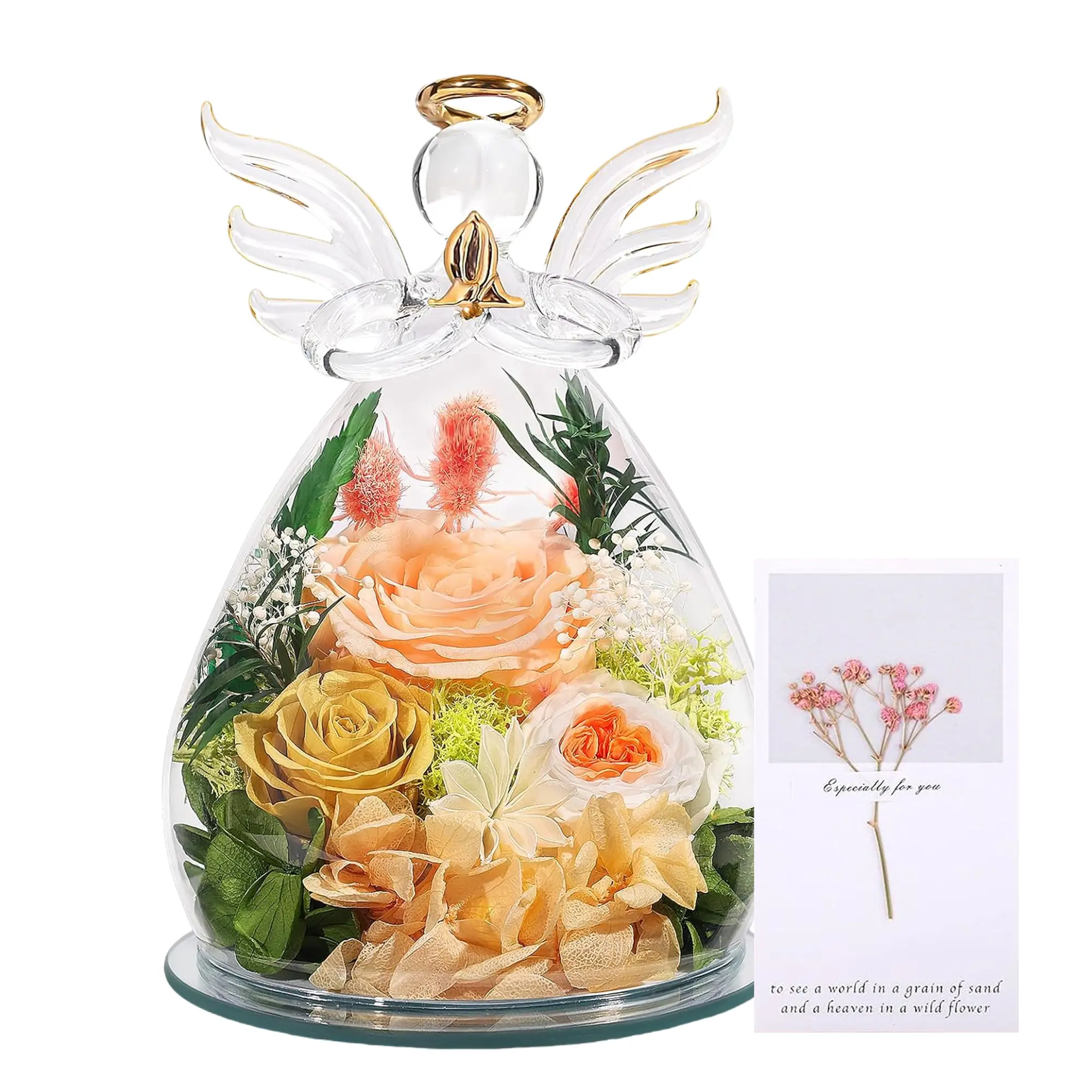 Gifts for Women Birthday Preserved Rose Gifts for Christmas Valentine's Day Mother's Day Forever Flower in Glass Angel Figurines Fresh Flowers for Delivery for Mom Real Colorful Roses for Grandma Sister Wife Her from Daughter