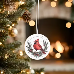 Cardinal Art Sympathy Gift Ceramic Keepsake Rustic Christmas Decor Nature-Inspired Ornament Red Cardinal Christmas Wildlife Ornament Handcrafted Round Circle Glossy Lightweight Decoration