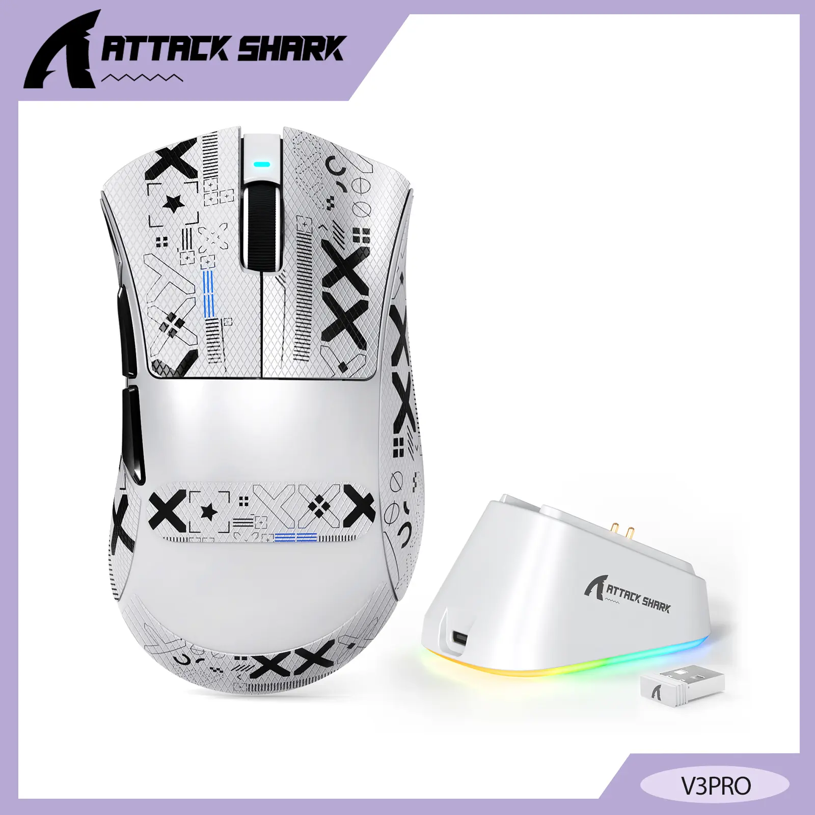 ATTACK SHARK V3PRO Wireless Gaming Mouse with RGB Magnetic Charging Dock,PAW3311 Sensor with 25000 DPI,500mAh,62g Ultralight,2.4G/BT/USB-C Rechargeable Wireless Mouse with 5 Programmable Buttons for Laptop,PC,Mac Gamers