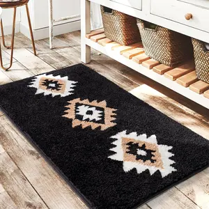 Bathroom Rugs 24x36 Black Boho Aztec Bath Mat, Non Slip Western Geometric Bath Rugs Luxury Soft Absorbent Carpet for Bathroom Shower Kitchen Entryway Farmhouse Modern