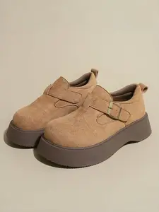 1 Pair Women's Retro Casual Thick Sole Shoes: Brown Coffee Suede Buckle Decor, Soft Sole Comfortable Wear-Resistant All-Match Commute Shoes