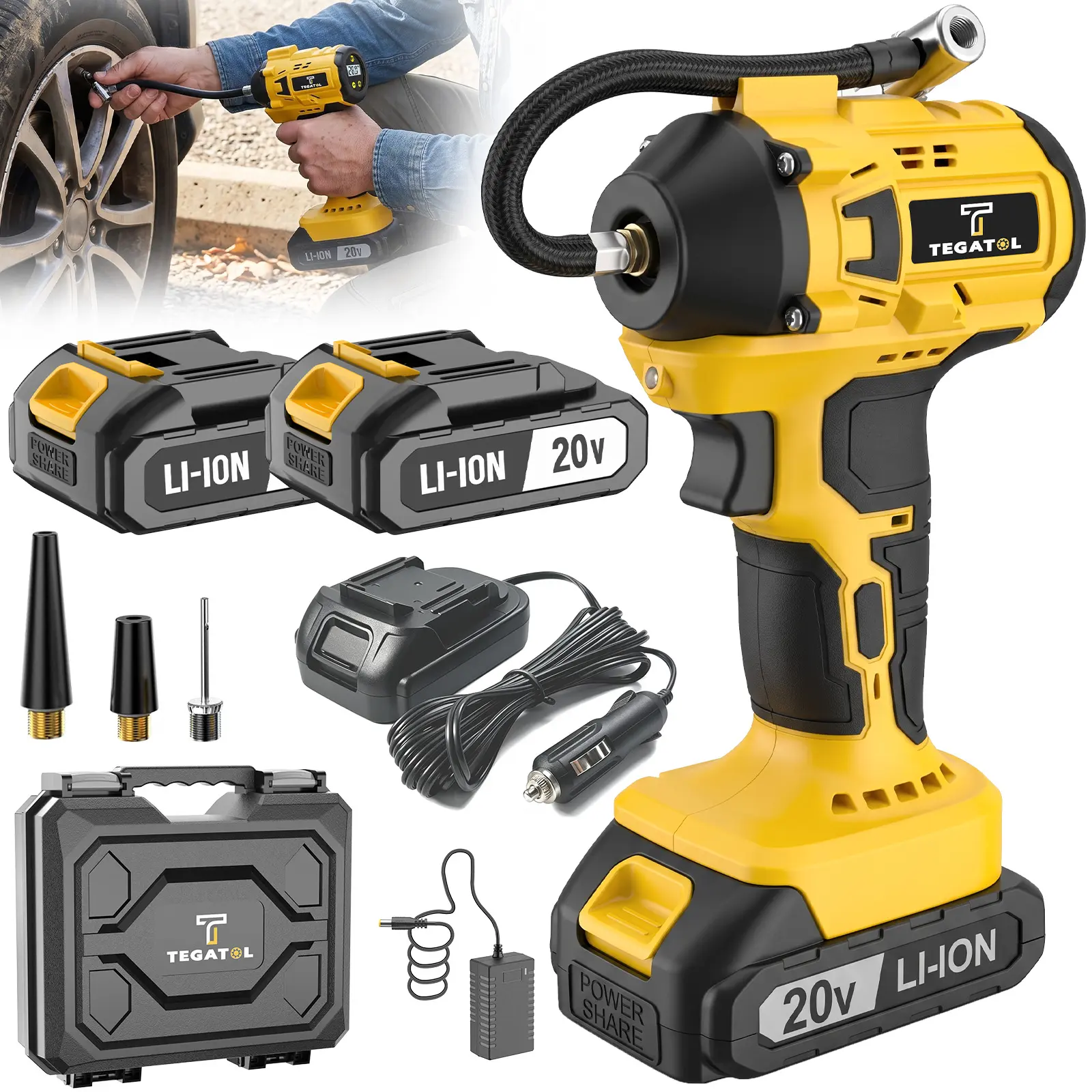 20V Cordless Tire Inflator Portable Air Compressor with Rechargeable Battery, Auto Shut-Off, DC Adapter, Fast Inflation for Car, Motorcycle, Bike Tires