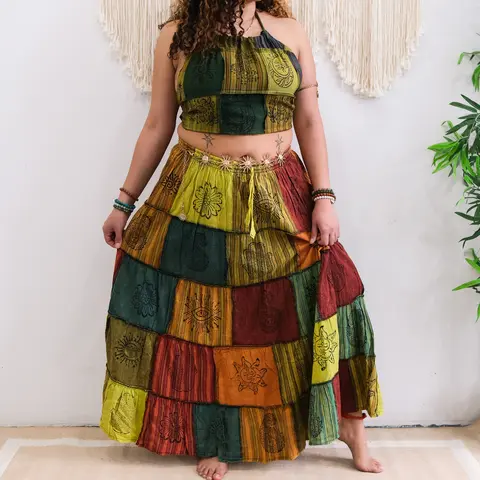 Women's Breathable Elastic Waist Patchwork Cotton Skirt - Adjustable, Handmade, Flowy Tiered, Printed, with Pockets, Festival Wear, Bohemian Hippie Cottagecore Women's Bottoms