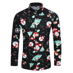 Junbaoss Men's Christmas Print Long Sleeve Shirt - Black Ugly Christmas Button Down Shirt with Santa, Snowman, Tree & Snowflake Patterns for Holiday Party, Xmas Casual Dress Shirt Classic Festive