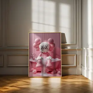 Unframed, Room Decor, Funny Hypebeast, Modern Luxury Decor, Bathroom Wall Art, Minimalist Kaws Print, Pink Kaws Having a Bath