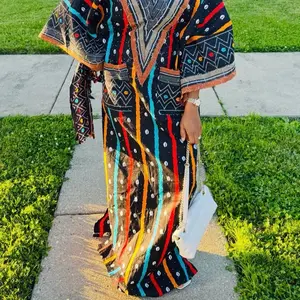 Fully Stoned Black and Multi Colored Maxi Kaftan with Aso-oke Free Size. Tall girl friendly