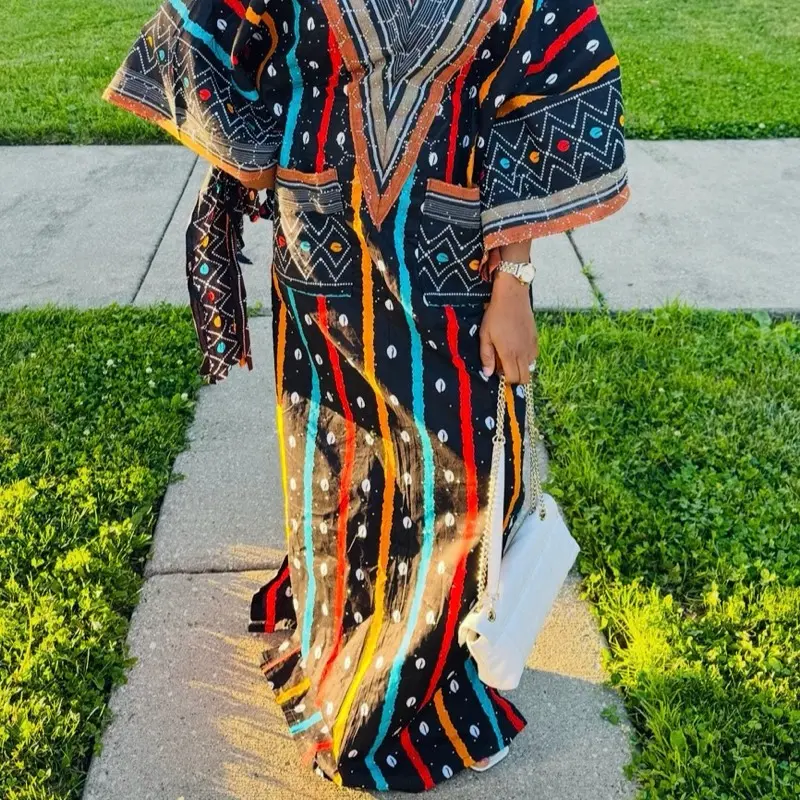 Tall Girl Friendly Maxi Kaftan Dress, Stoned Aso-oke Style with Multi-Colored Detail, Versatile Free-Size Fit for Women (US 6-10), Traditional