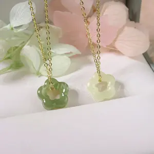 Natural Hetian Green Jade Crystal Floral Flower Shape Charm Pendant Healing Reiki Lucky Necklace Gift Women's Fashion